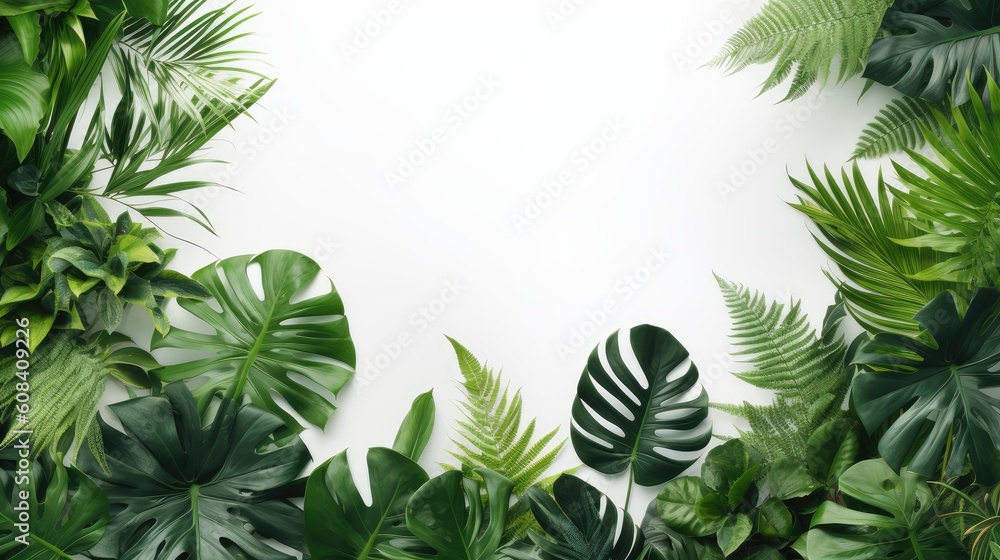 Tropical green leaf. Layout of the banner for text field. Isolated on a white background. concept of relaxation and travel. generative ai