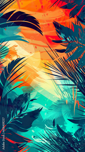 A tropical background with palm trees and the sun. Generative AI.