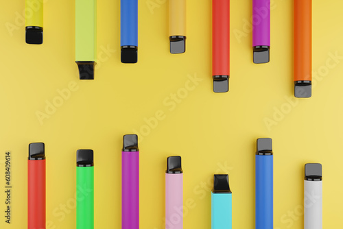 Colorful disposable vapes on a bright yellow background. Illustration of the concept of e-cigarettes and the trend of vaping
