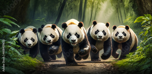 Captivating image of 5 fierce pandas charging towards us in a lush bamboo jungle, evoking powerful emotions and creating an unforgettable visual impact. Perfect for ads & campaigns! Generative AI