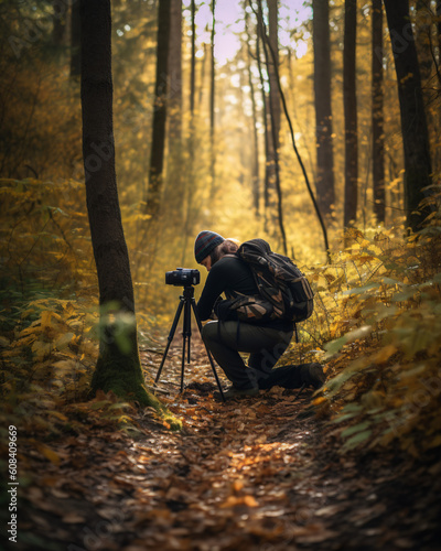 A young photographer setting up a tripod in a forest