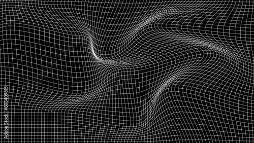 Digital curved grid lines texture or background. 3d distorted wave pattern with the optical illusion. Big data visualization. Vector illustrations.