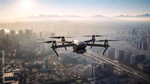 small drone with camera flies over a city in a surveillance role, generative AI photo