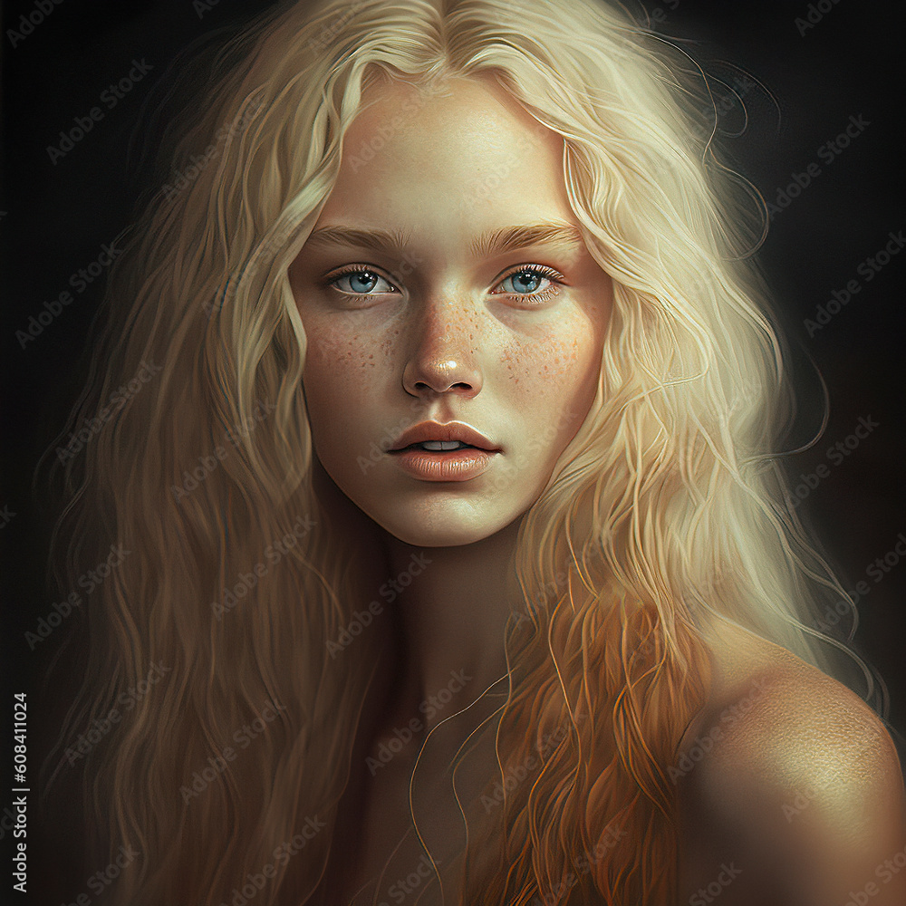 Captivating Portrait of a Freckled Blonde Woman, made with Generative AI Captivating Portrait of a Freckled Blonde Woman, made with Generative AI