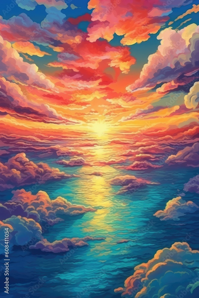 Sunset over ocean with scattered clouds reflects vivid colors. Generative AI