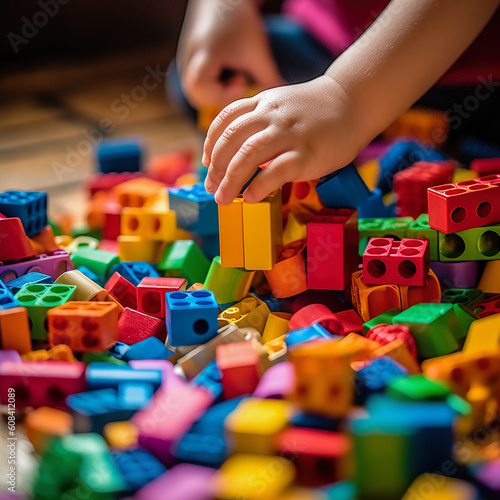 Close-up photograph of a little kid's hands as joyfully plays with a colorful set of building blocks.
