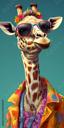 A giraffe wearing sunglasses and a colorful shirt. Generative AI.