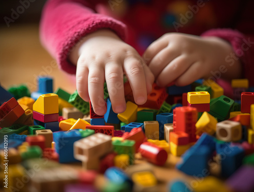 Close-up photograph of a little kid's hands as joyfully plays with a colorful set of building blocks.
