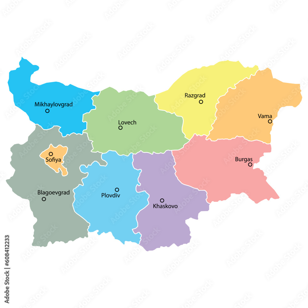 Bulgaria map background with regions, region names and cities in color. Bulgaria map isolated on white background. Vector illustration Bulgaria map background with regions, region names and cities in color. Bulgaria map isolated on white background. Vector illustration