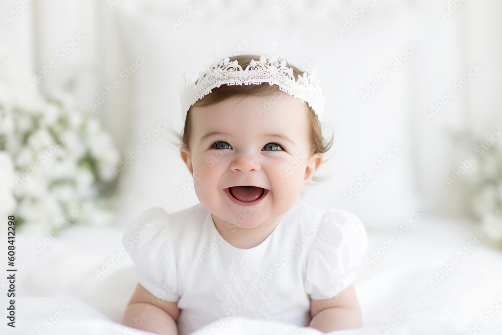 Cute Sweet Adorable Baby wearing bride dress and diadem Sitting on white bed smiling and playing with happiness emotional in cozy bedroom, Healthy happy Baby Concept. Generative AI Cute Sweet Adorable Baby wearing bride dress and diadem Sitting on white bed smiling and playing with happiness emotional in cozy bedroom, Healthy happy Baby Concept. Generative AI