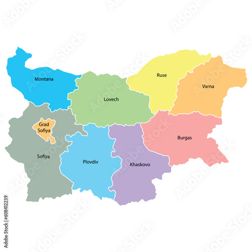 Bulgaria map background with regions, region names and cities in color. Bulgaria map isolated on white background. Vector illustration