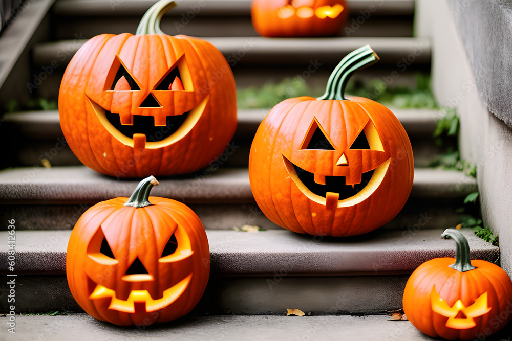 Halloween Pumpkin on Stairs, AI generated Halloween Pumpkin on Stairs, AI generated