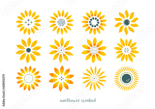 ひまわりのロゴマーク 夏の花のアイコンイラストセット（黄色）