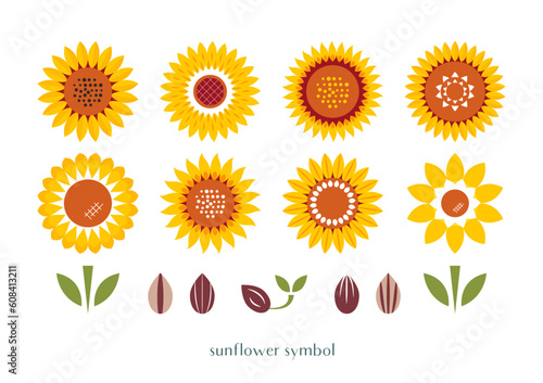 ひまわりの花のイラストセット（ひまわりの種、芽、葉っぱ）黄色