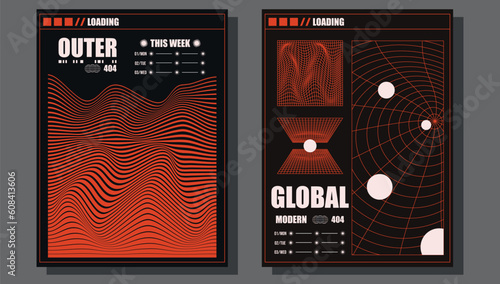 Retro futuristic flyer design template poster with sci-fi elements, grids, circles, lettering on black background. Vector illustration.