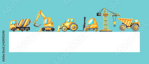 Children's construction vehicles watercolor poster, postcard. Frame, border. Excavator, concrete mixer, tractor, bulldozer, dump truck, forklift, tower crane. Kids toys. Baby boy. Birthday.  © Сабина Жуковец