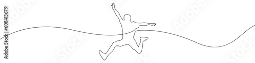 Human jump icon line continuous drawing vector. One line The emotion of joy in the jump icon vector background. Human joy icon. Continuous outline of a Long jump over an obstacle icon.