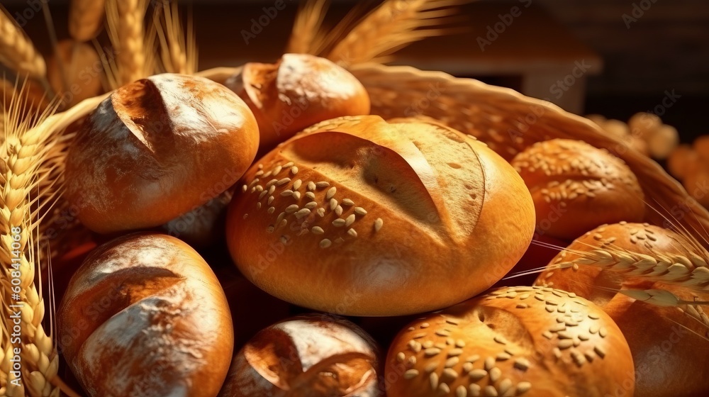 A table with a basket overflowing with freshly baked bread,. Generative ai