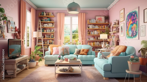 Cozy living room in pastel colors  Bright color. Generative ai