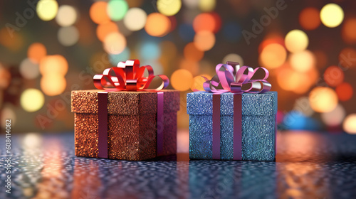 Christmas gift boxes and bokeh lights 3d illustration. Generative ai