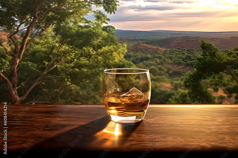 Whiskey glass on table view of nature in the background Whiskey glass on table view of nature in the background