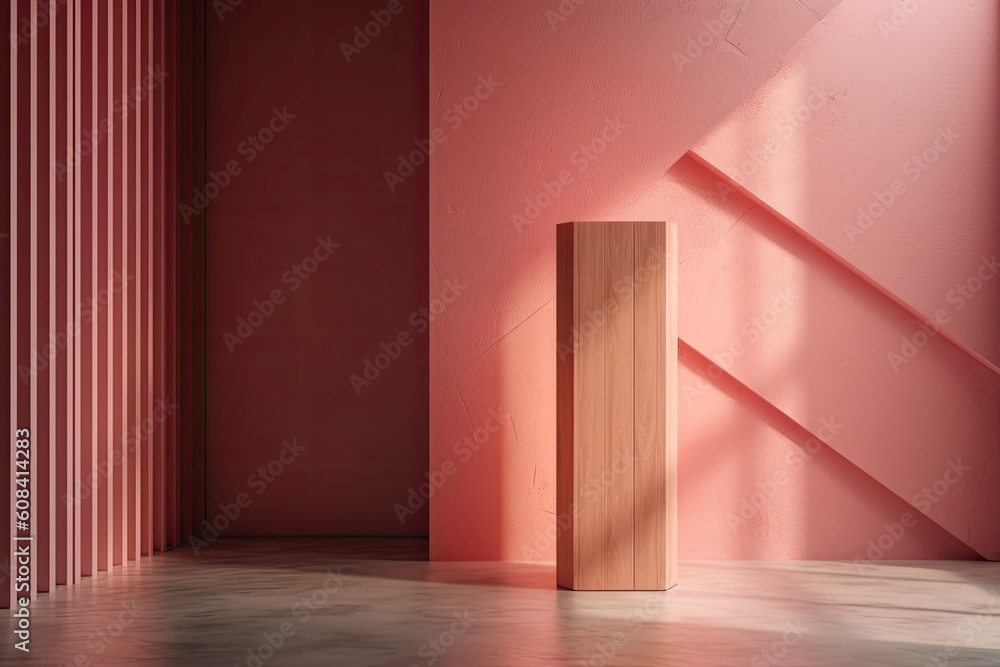 A pedestal and an abstract pink interior are lit professionally. a mockup. Generative AI A pedestal and an abstract pink interior are lit professionally. a mockup. Generative AI