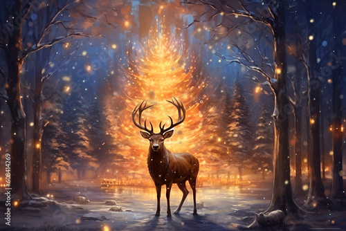 art with a magical forest deer with large golden horns  he stands in a fairy forest  behind him a huge tree shining with yellow divine light. New Year card. AI generated