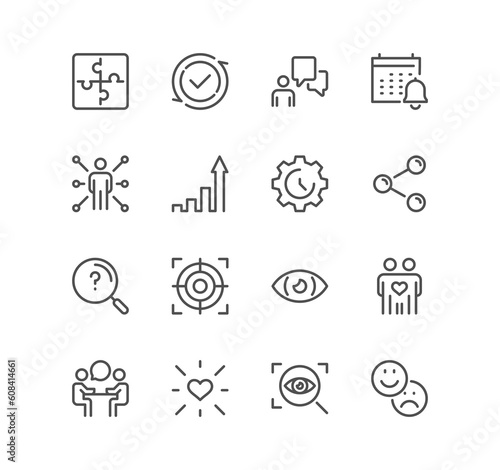 Set of core values related icons, diversity, exceptional, innovative, accountability, empathy, performance, process, progress, external business oriented values and linear variety symbols.