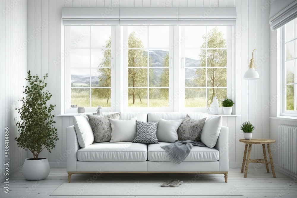 White room design with a sofa and summer view at the window. Nordic-style interior design. Generative AI White room design with a sofa and summer view at the window. Nordic-style interior design. Generative AI