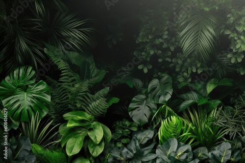 Background of tropical green leaves. Banner layout for a text field. the concept of recreation and travel. Background with tropical green leaves of monstera.. generative ai