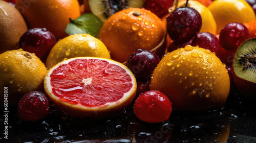 Mix of fresh fruits with water drops on black background  top view