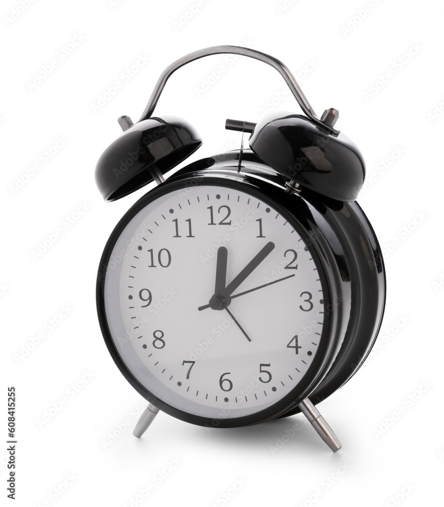 Metal alarm clock on white background