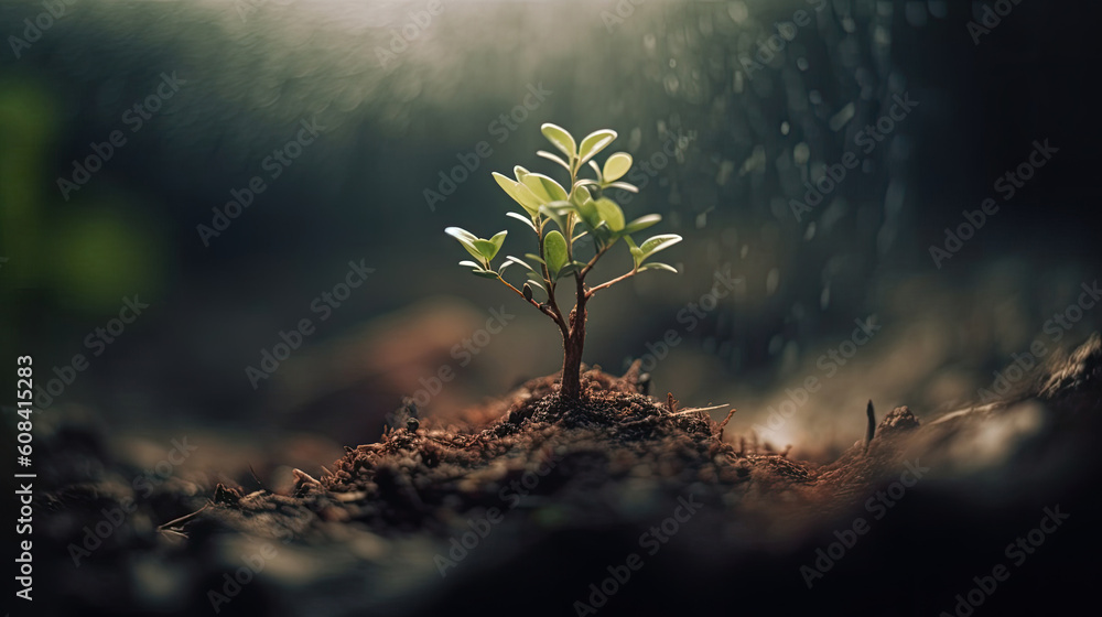 Young green plant growing in the forest. Concept of environmental conservation.