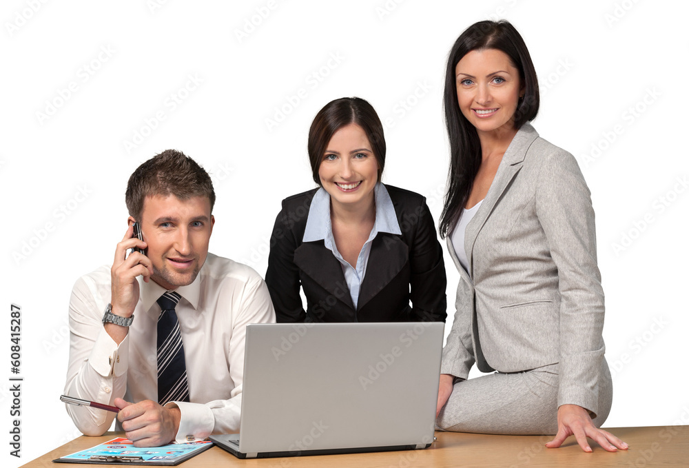 Portrait of Business People Working with Laptop and Talking on the Phone Portrait of Business People Working with Laptop and Talking on the Phone