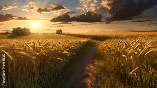 A wheat field at sunset. Generative ai