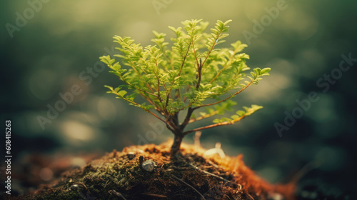 Green seedling growing from seed on blurred natural background with bokeh