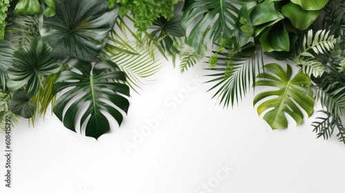 Tropical green leaf. Layout of the banner for text field. Isolated on a white background. concept of relaxation and travel. generative ai