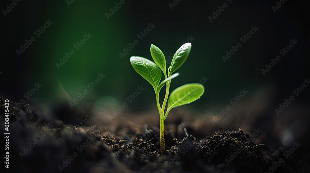 Young green sprout growing from soil on blurred background, new life concept Young green sprout growing from soil on blurred background, new life concept