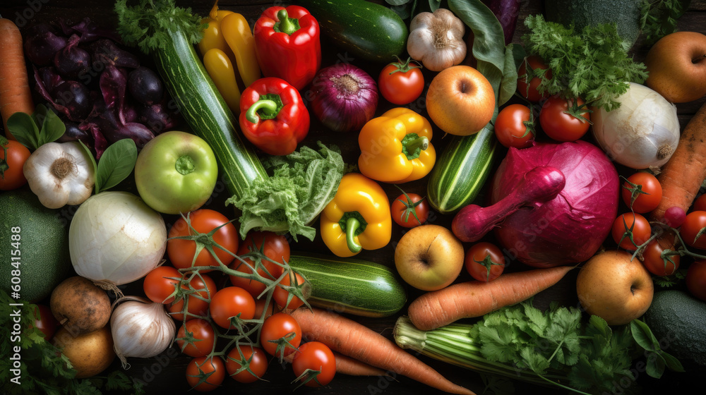 Fresh vegetables background. Healthy food concept. Vegetables and fruits.