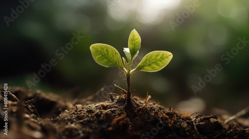 Green seedling illustrating concept of new life and natural growth in fertile soil
