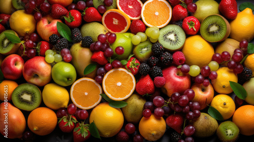 Variety of fruits including apples, grapes, oranges, grapefruits and pears.