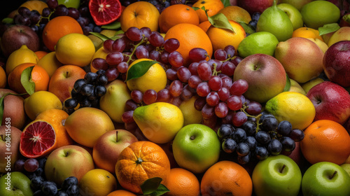 Fruits background. Different types of fruit including apples  oranges  grapefruits and pears.