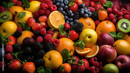 Variety of fresh fruits and berries as background  top view.