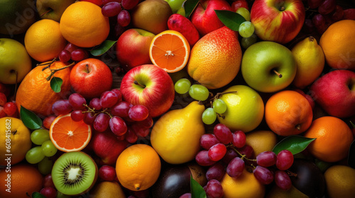 Fruits on a wooden table, close-up, selective focus.