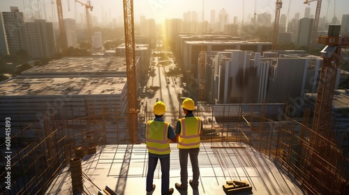 Two construction workers on top of a building under construction. Generative ai