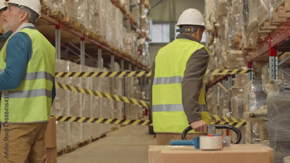 Medium shot of female warehouse worker carrying loaded hand pallet truck along aisle with cardboard boxes on pallets and shelves Medium shot of female warehouse worker carrying loaded hand pallet truck along aisle with cardboard boxes on pallets and shelves