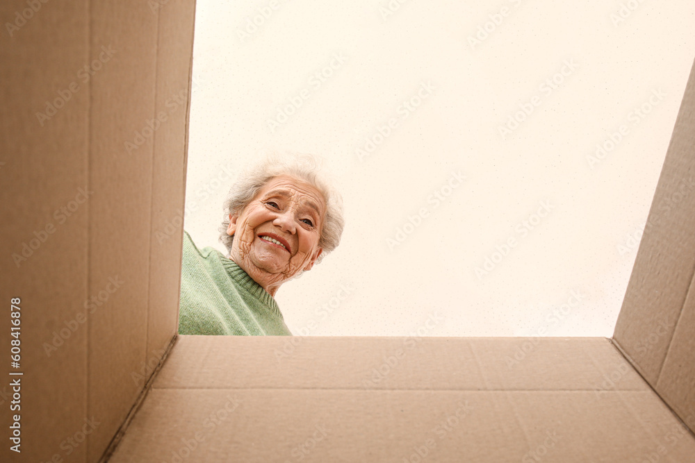 Fototapeta premium Senior woman with open parcel, view from inside