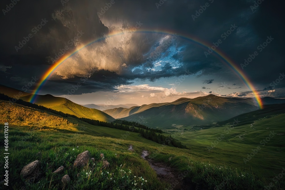 Sunset over the mountains in the summer. In the twilight light, green fields on the hills roll in to a faraway peak behind a rainbow. Generative AI