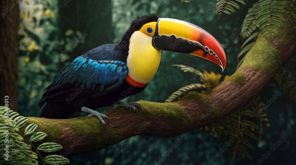 Fototapeta premium A vibrant toucan perched on a branch,. Generative ai
