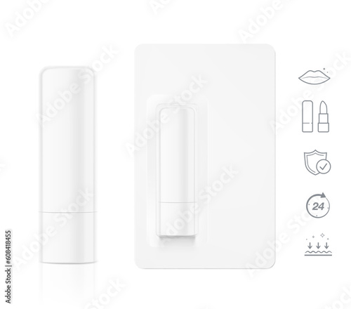 Realistic lipstick balm with blister mockup set. Vector illustration isolated on white background. Ready for your design. EPS10.
